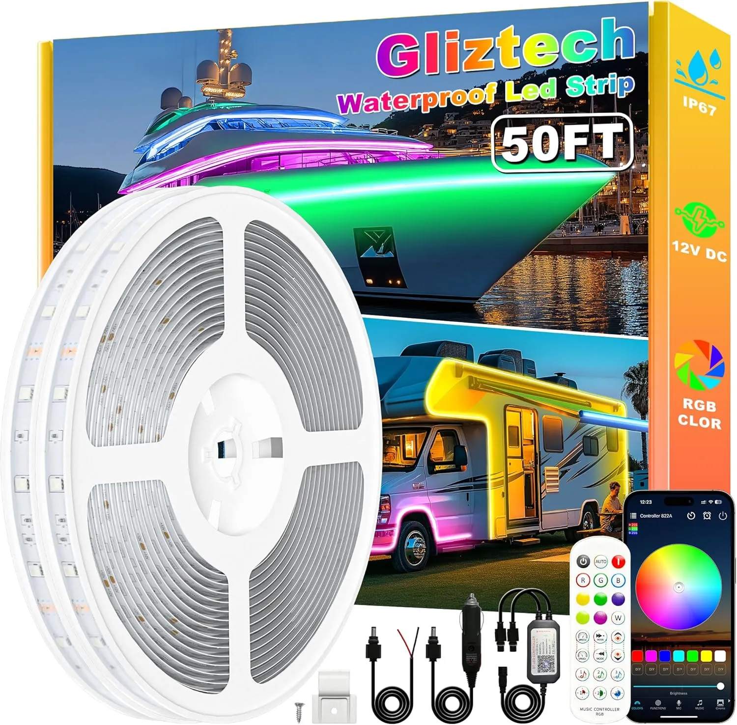 Boat Lights Led Waterproof 50FT, 12V RGB Marine LED Strip Exterior, IP67 Pontoon Boat Lights Interior with App for Pontoon, Bass, Deck, RV, Fishing Kayak