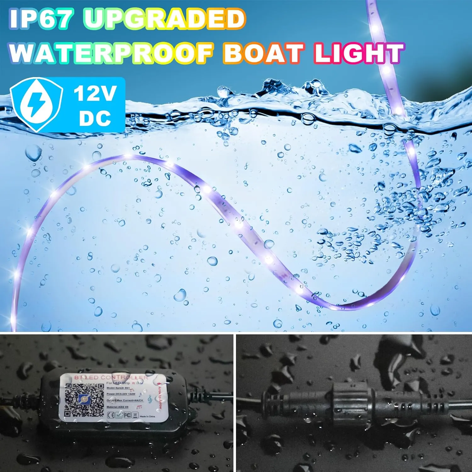 Boat Lights Led Waterproof 50FT, 12V RGB Marine LED Strip Exterior, IP67 Pontoon Boat Lights Interior with App for Pontoon, Bass, Deck, RV, Fishing Kayak