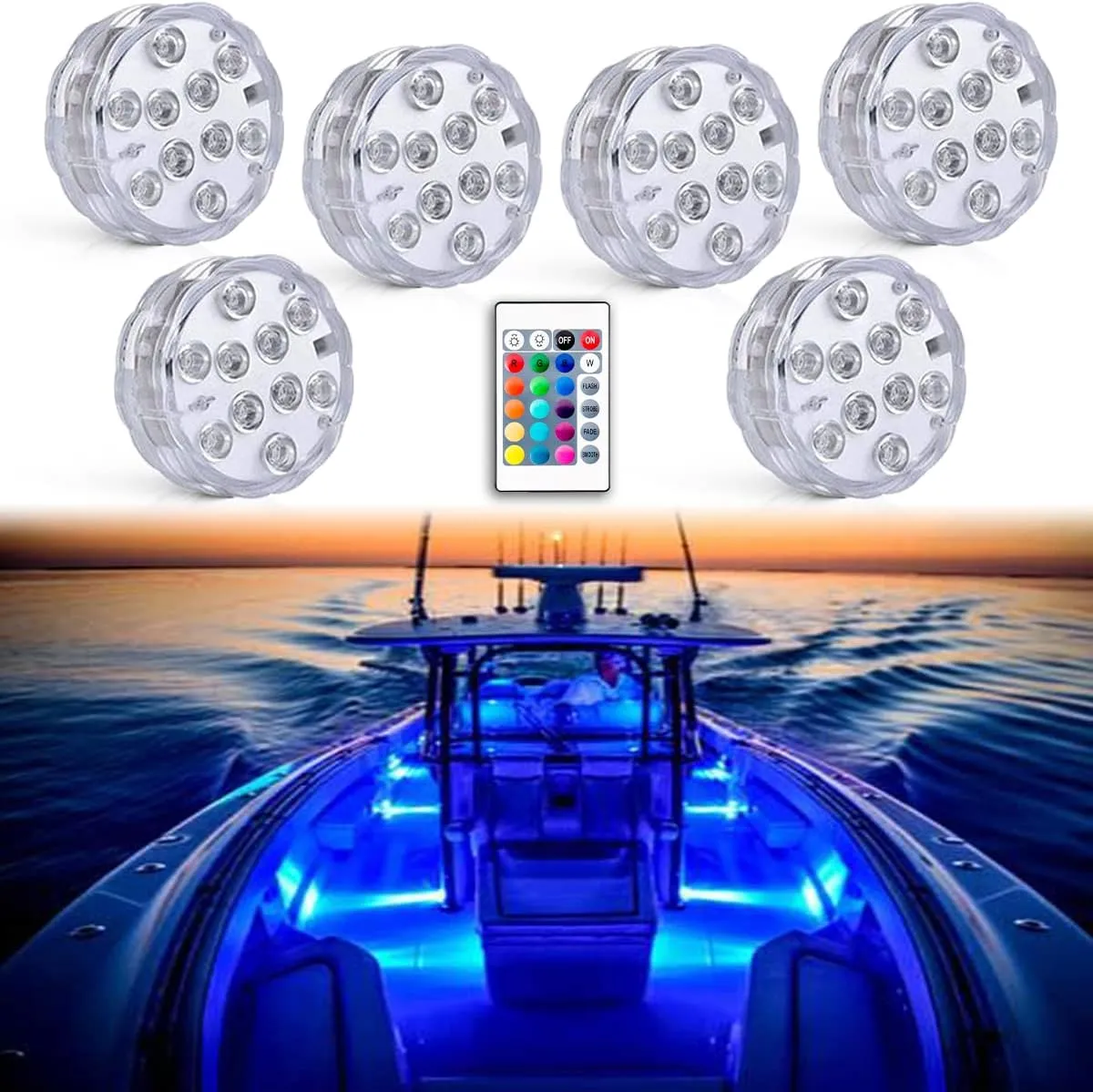 Boat Lights Wireless Battery Operated, Waterproof Marine Led Light for Deck Light Courtesy Interior Lights, for Fishing Kayak Duck Jon Bass Boat, RGB Multi Color Remote Controlled, 6pcs
