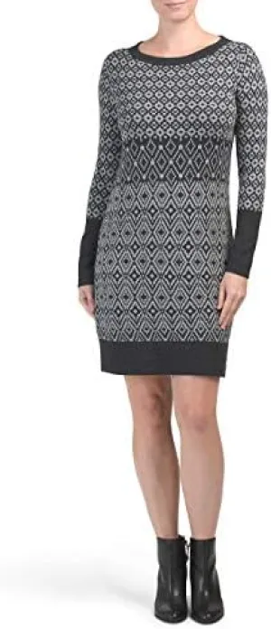 Boat Neck Sweater Dress Button Back Detail Long Sleeve (M) Gray/Black