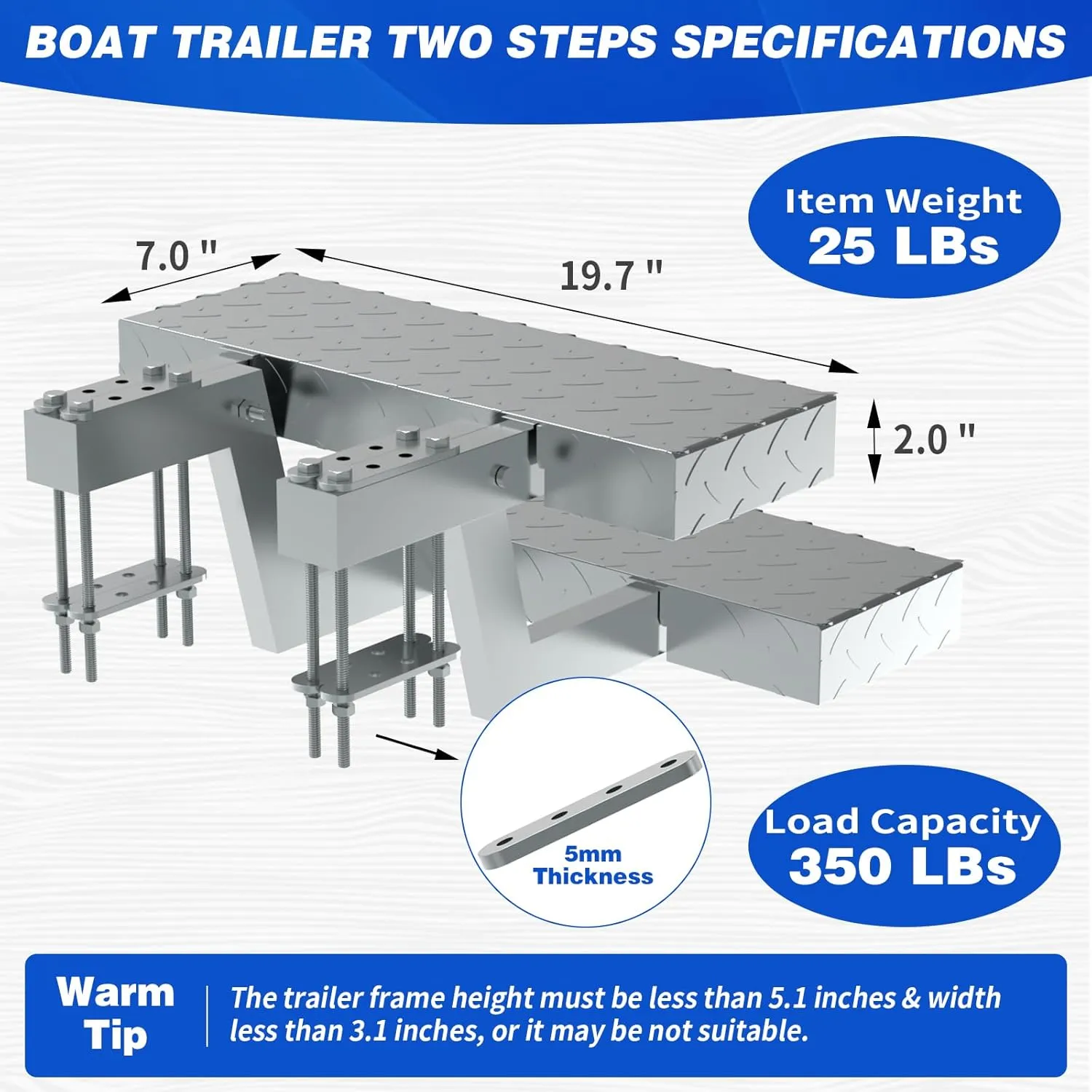 Boat Trailer Two Steps with Non-Slip Surface, Heavy Duty 350 lbs Capacity, Fits for 5"x3" Frame – Easy Boarding Steps for Boat Trailers