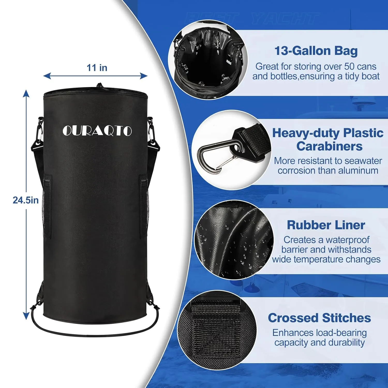 Boat Trash Can - 1200D 100% Odor & Leak Resistant Bag With 6 Clips and 2 Side Pockets, Reusable Garbage Can, Pontoon Accessories Compatible With 10-13 Gal