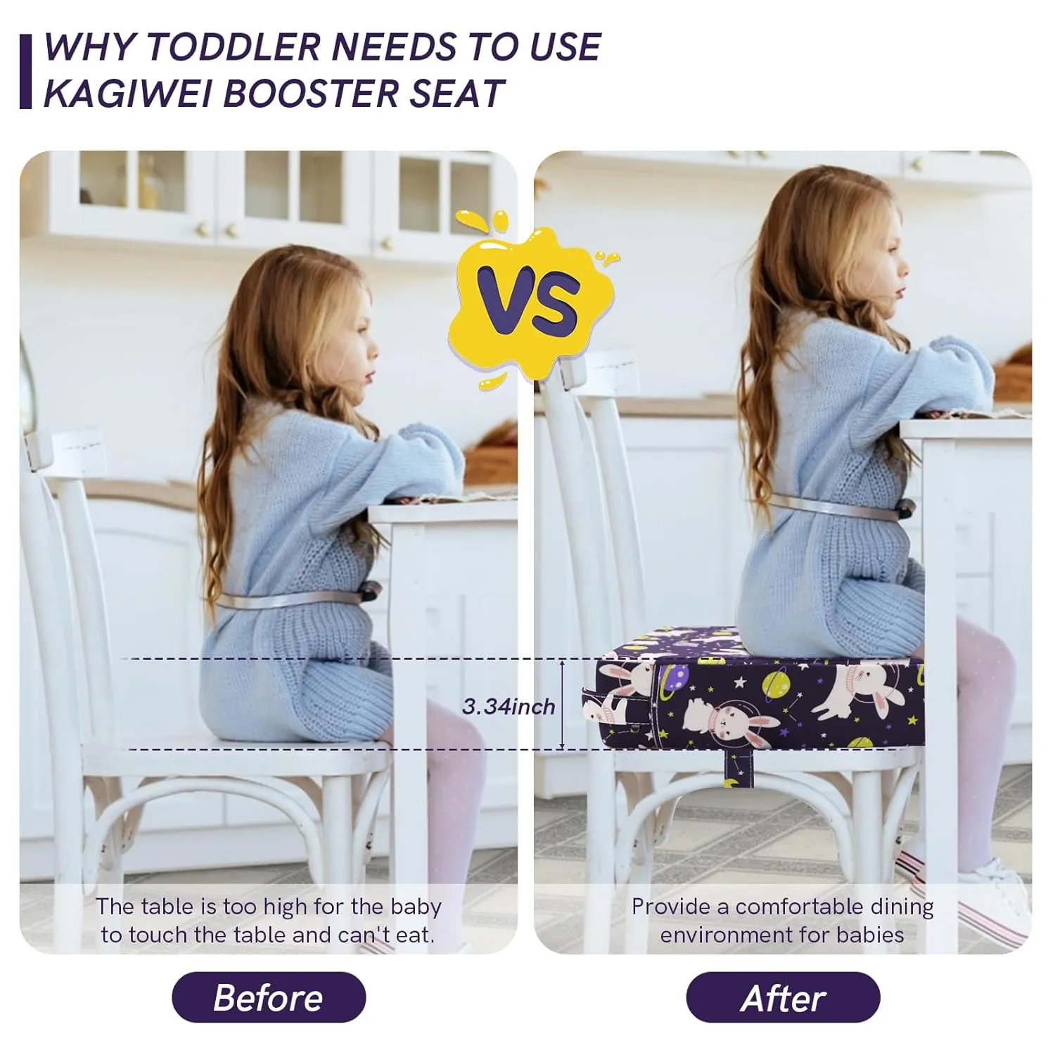 Booster Seat for Kitchen Chair - Strong Support Toddler Booster Seat for Dining Table, Portable Booster Chair with Adjustable Elasticity Straps for Toddlers Eating Travel Home
