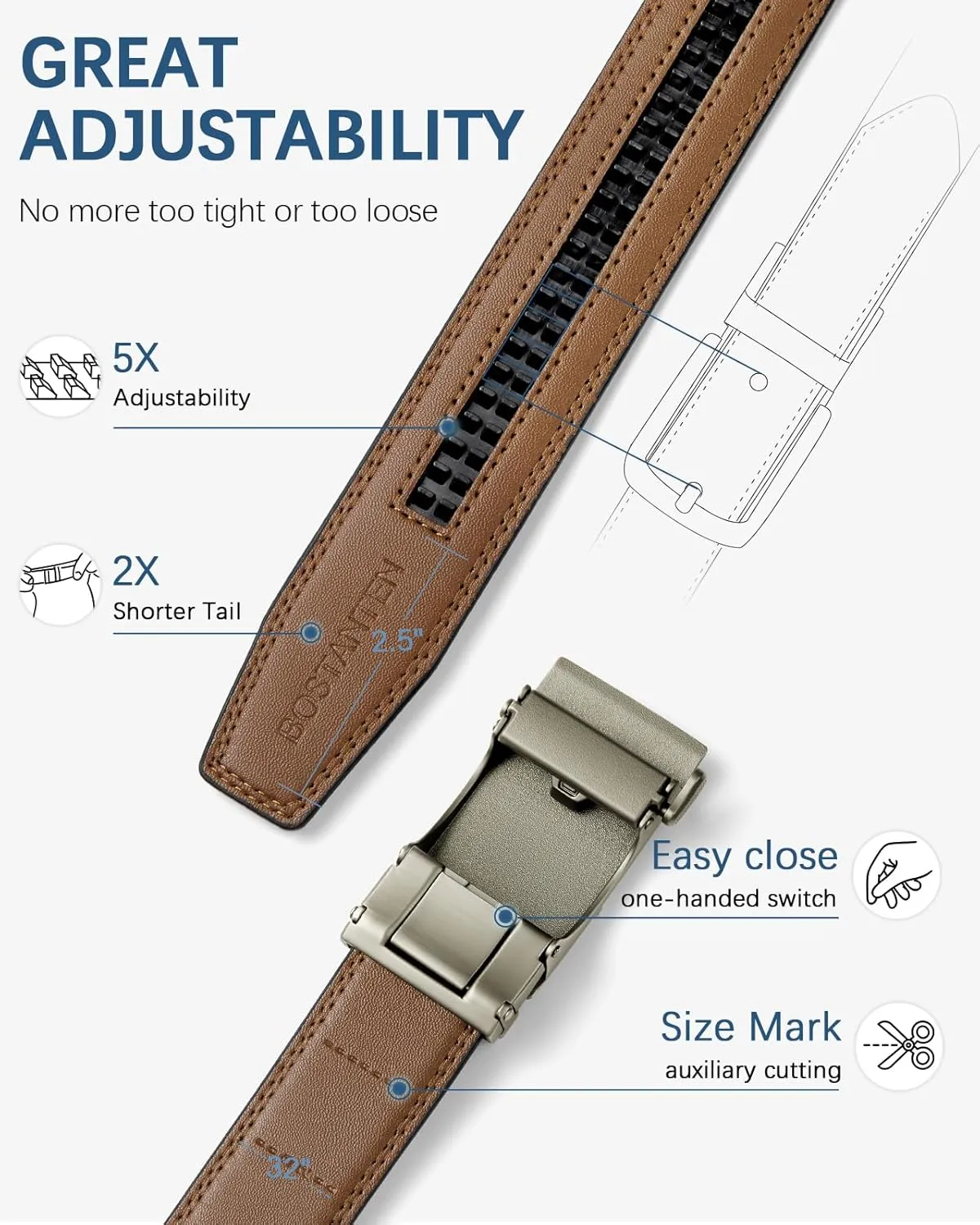 BOSTANTEN Ratchet Leather Belt For Men 2 Pack Dress and Casual with Adjustable Buckle, Trim to Fit