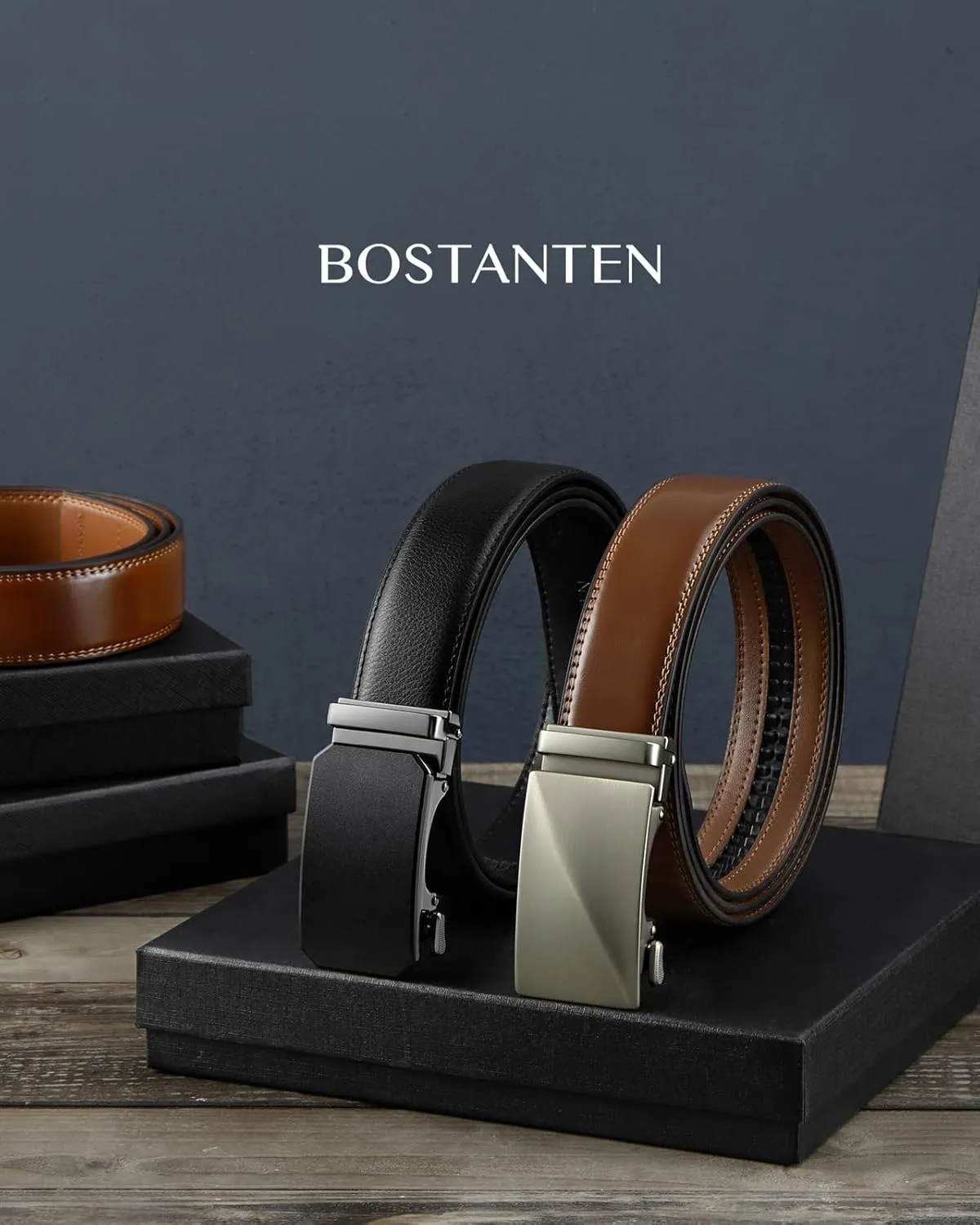 BOSTANTEN Ratchet Leather Belt For Men 2 Pack Dress and Casual with Adjustable Buckle, Trim to Fit