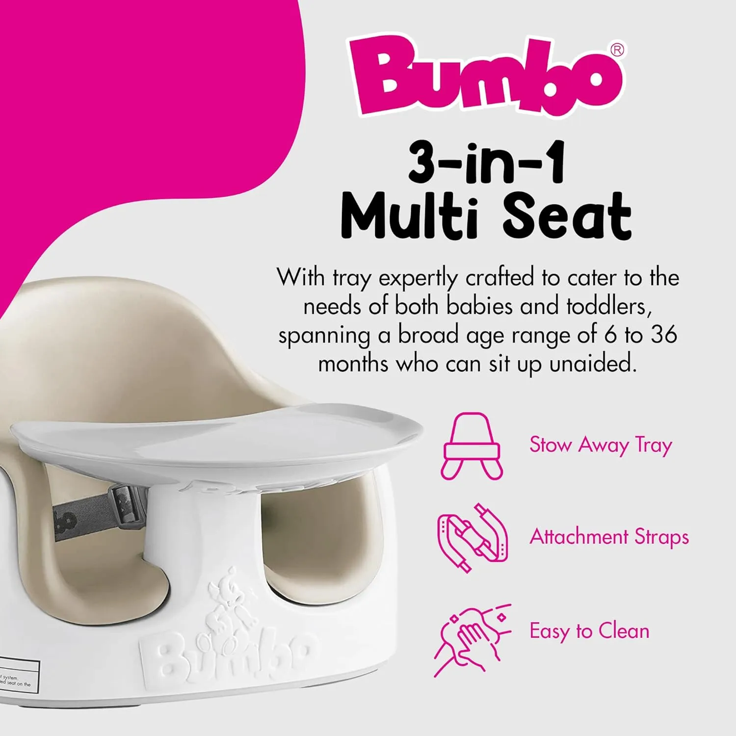 Bumbo Baby Toddler Adjustable 3 in 1 Multi Seat High Chair and Booster Seat with Removable Tray and Buckle Strap for Toddlers 1 to 3, Taupe (2 Pack)