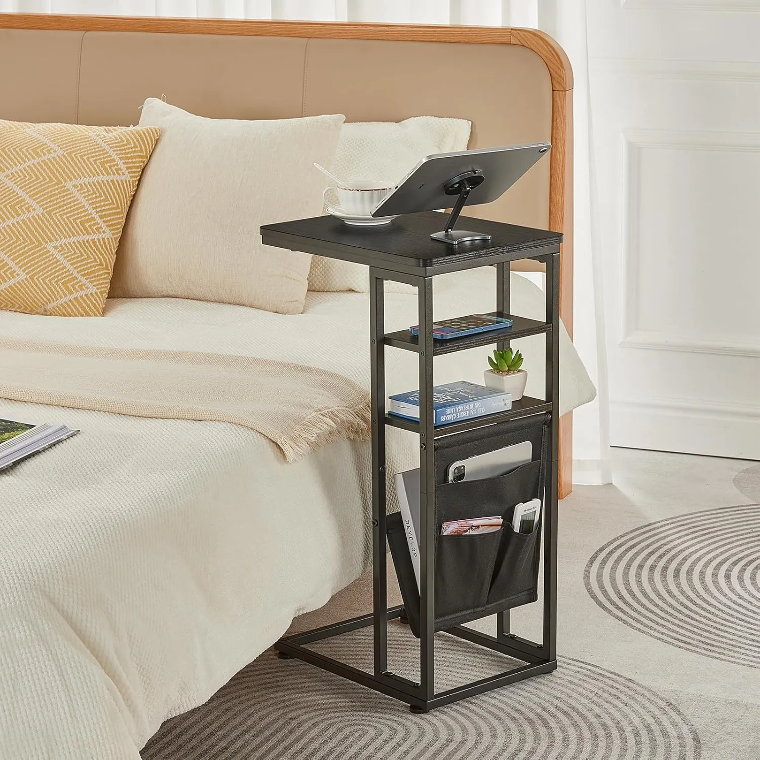 C Shaped End Table, C Shaped End Table for Couch, C Side Table with Storage Bag, Slide Under Sofa Table, C for Sofa with 2 Storage Shelf for Living Room, Bedroom