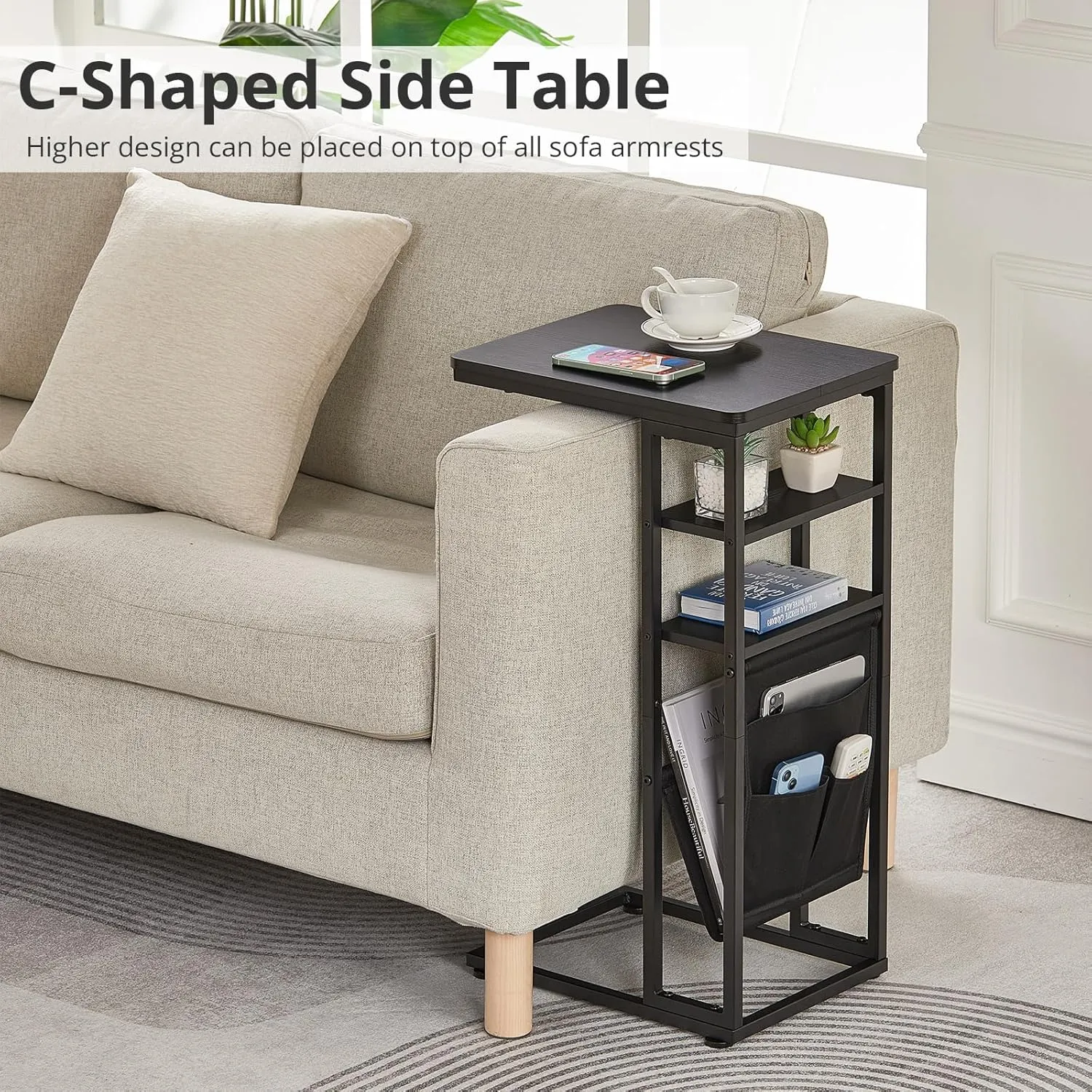 C Shaped End Table, C Shaped End Table for Couch, C Side Table with Storage Bag, Slide Under Sofa Table, C for Sofa with 2 Storage Shelf for Living Room, Bedroom