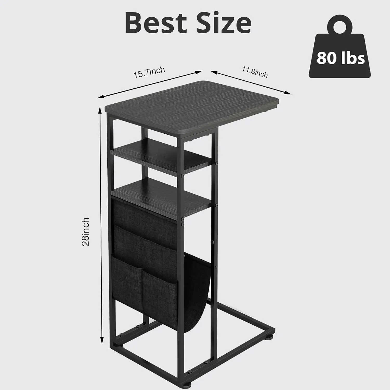 C Shaped End Table, C Shaped End Table for Couch, C Side Table with Storage Bag, Slide Under Sofa Table, C for Sofa with 2 Storage Shelf for Living Room, Bedroom