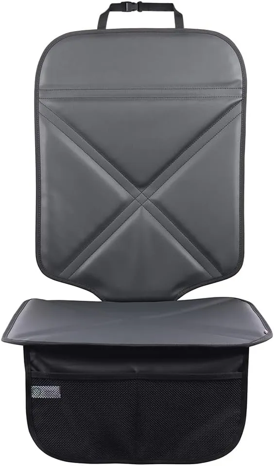 Car Seat Protector Leather Waterproof Child Safety Seat Protector Cover with Thick Pad and 2 Large Pockets Durable Kick Mat for All Auto Seat (Black)