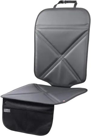 Car Seat Protector Leather Waterproof Child Safety Seat Protector Cover with Thick Pad and 2 Large Pockets Durable Kick Mat for All Auto Seat (Black)