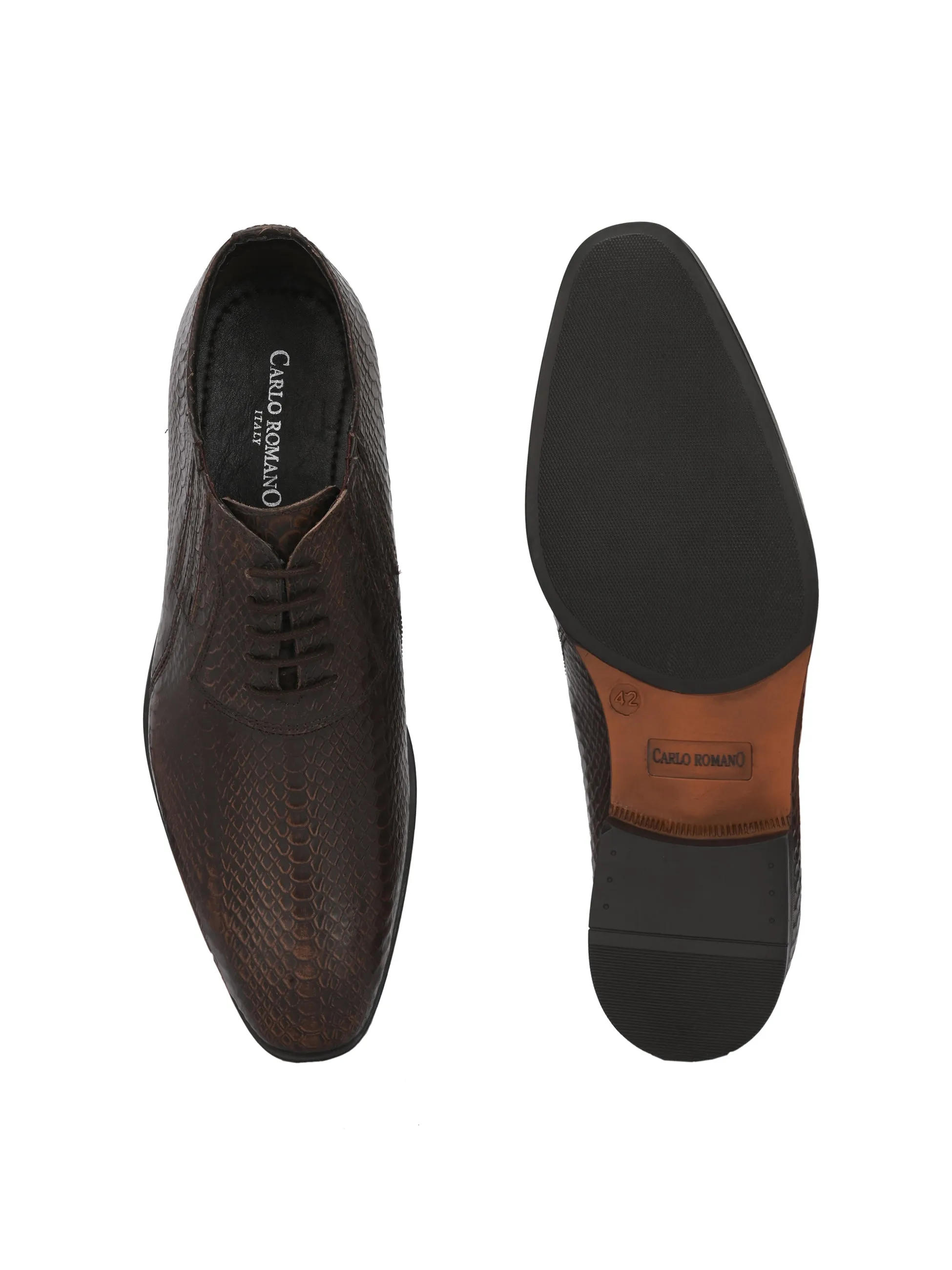 CARLO ROMANO BROWN COLOR PREMIUM ITALIAN RANGE SNAKE PRINTED LEATHER DERBY FORMAL SHOE FOR MEN