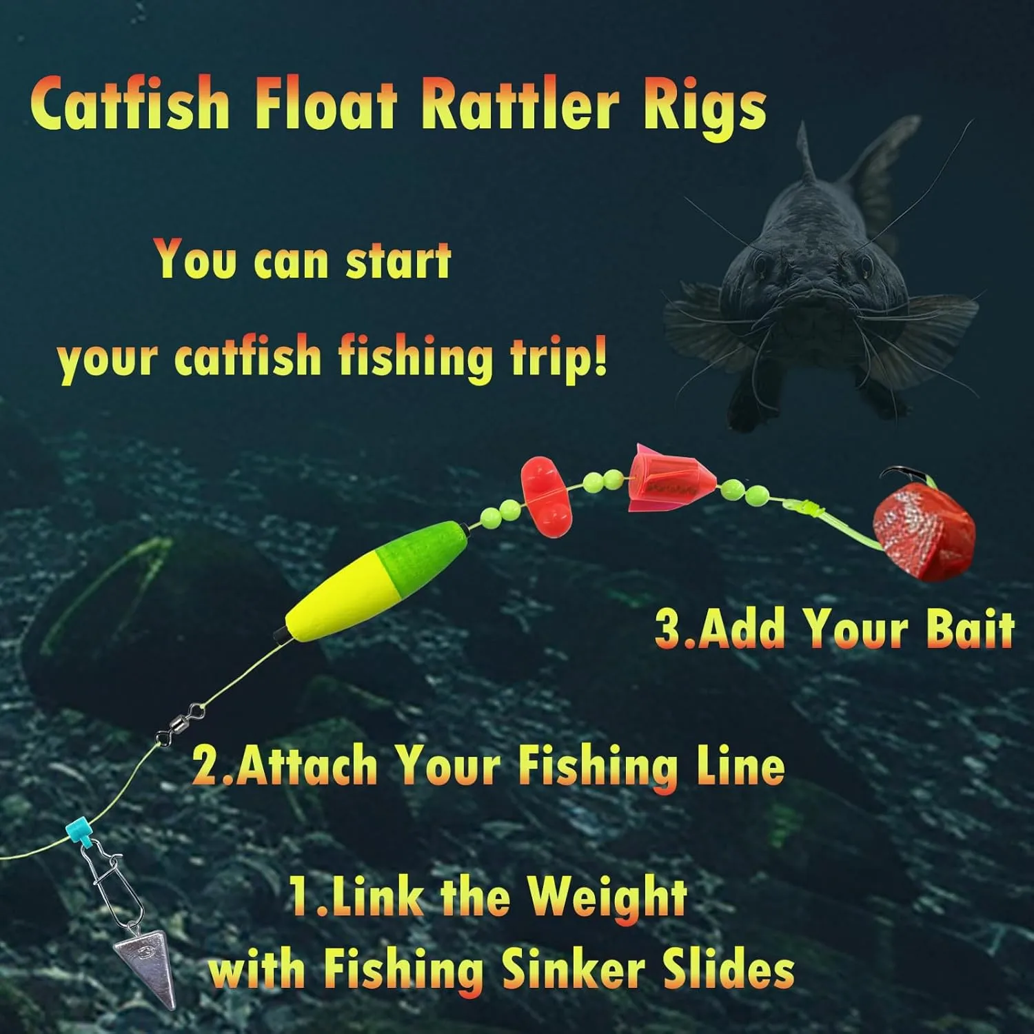Catfish Float Rigs - Fishing Tackle With Rattler, 5pcs Santee Cooper Rig Equipment, 6/0 8/0 10/0 Circle Hooks