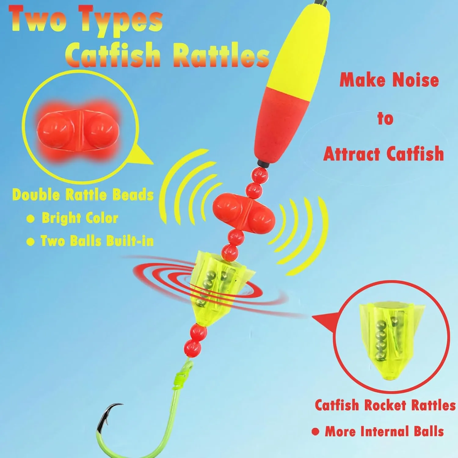 Catfish Float Rigs - Fishing Tackle With Rattler, 5pcs Santee Cooper Rig Equipment, 6/0 8/0 10/0 Circle Hooks