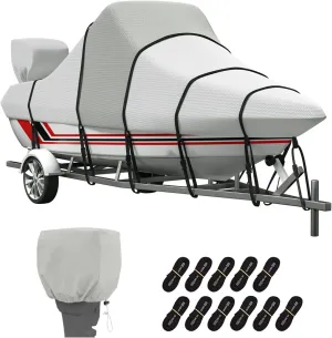 Center Console Cover with Motor Cover, 900D Waterproof Heavy Duty Boat Cover for CC, Marine Grade Oxford UV Resistant Trailerable Boat Cover 20-22 ft, Beam Width up to 106"