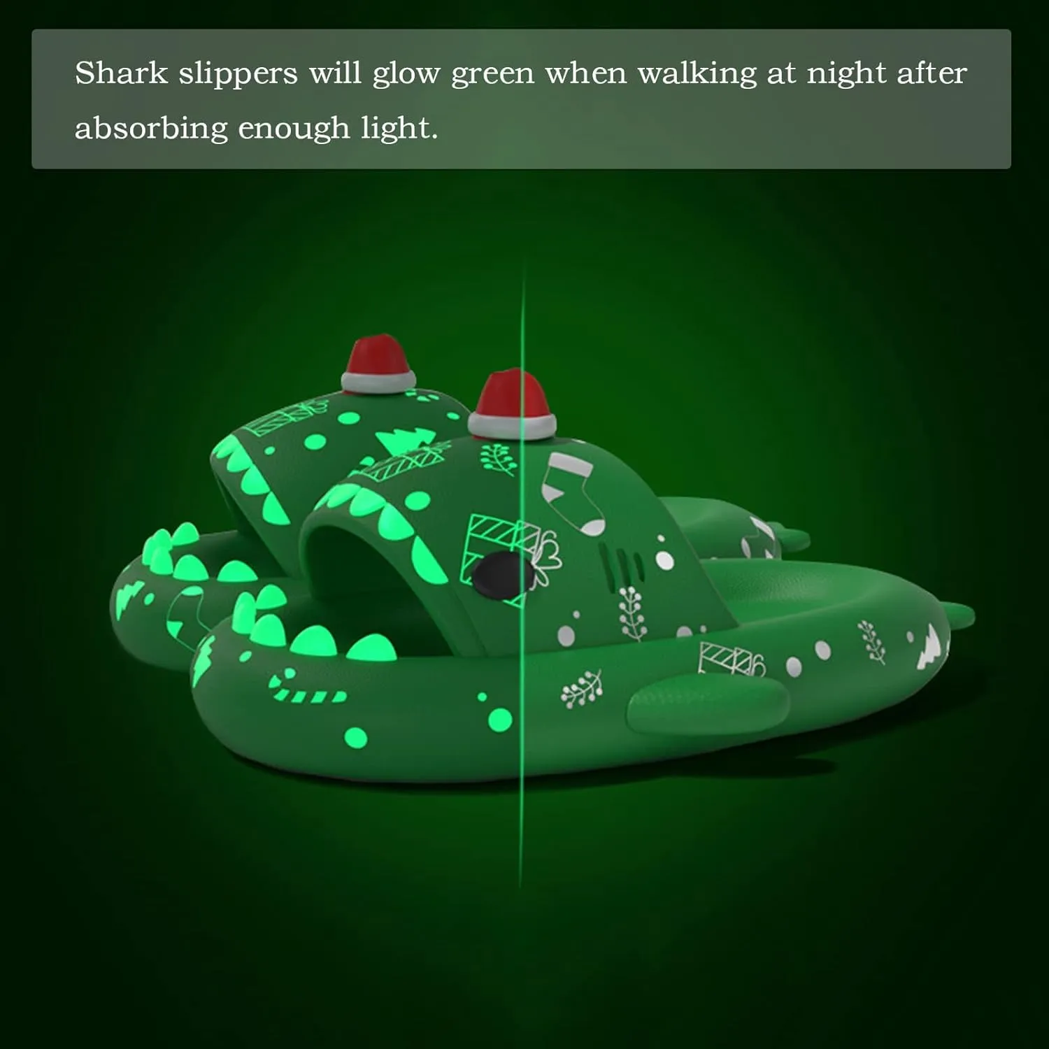 Christmas Shark Slides,Spooky Shark Slides Glow In The Dark For Men Women,Cozy Santa Shark Slides Cloud Shark Slippers