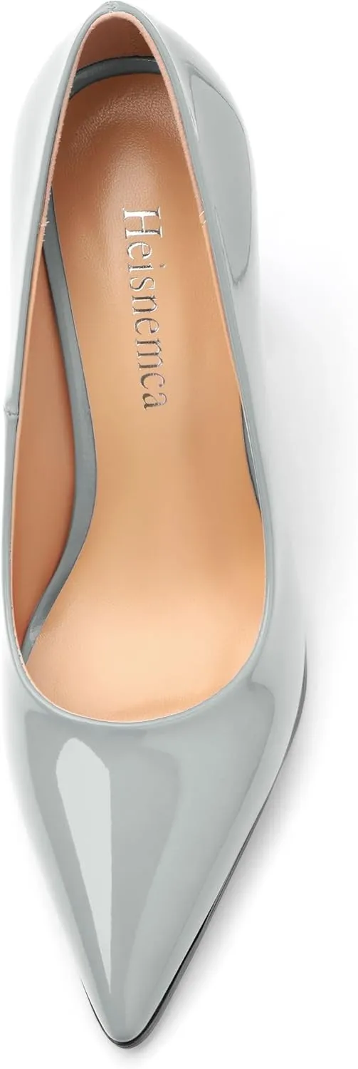 Chunky Block Heels for Women Patent Closed Pointed Toe Pumps Slip on Heels Dress Wedding Shoes 3.5IN