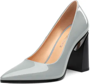 Chunky Block Heels for Women Patent Closed Pointed Toe Pumps Slip on Heels Dress Wedding Shoes 3.5IN