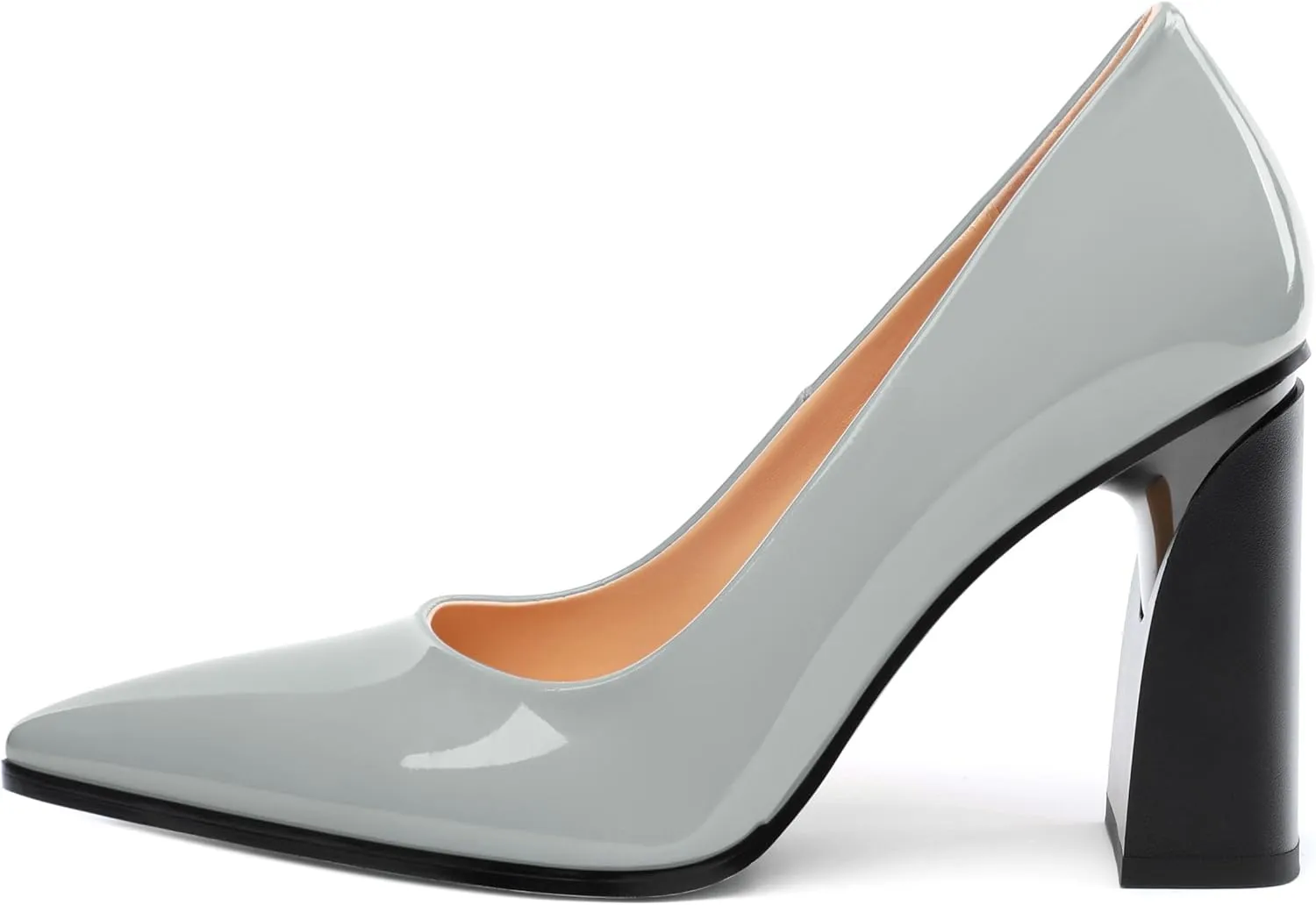 Chunky Block Heels for Women Patent Closed Pointed Toe Pumps Slip on Heels Dress Wedding Shoes 3.5IN
