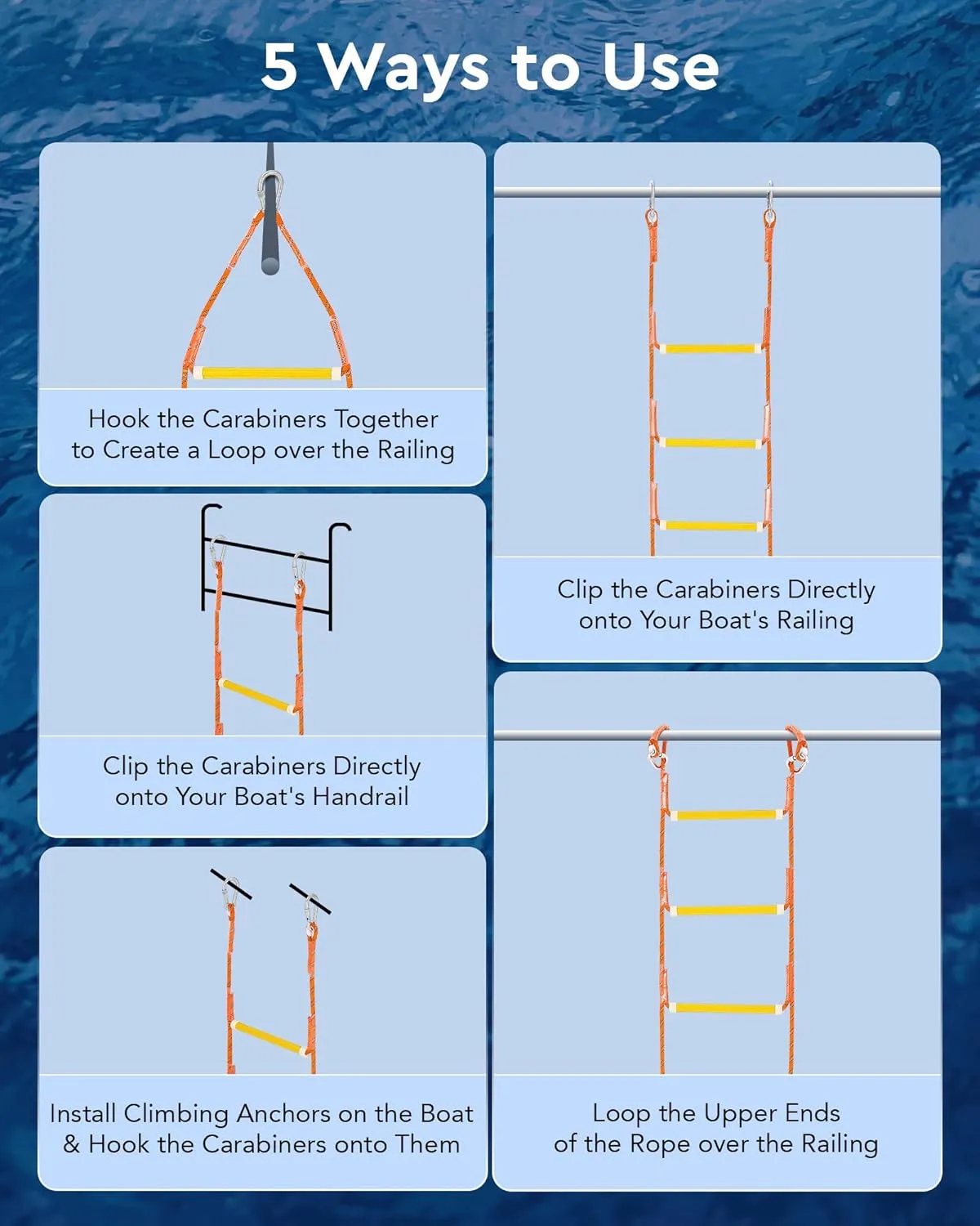 CO-Z Boat Rope Ladder 5 Step Portable Marine Dock Ladders, Assist Boat Accessories for Inflatable Boat, Fishing Boats, Kayak, Pontoon, Motorboat, Canoeing