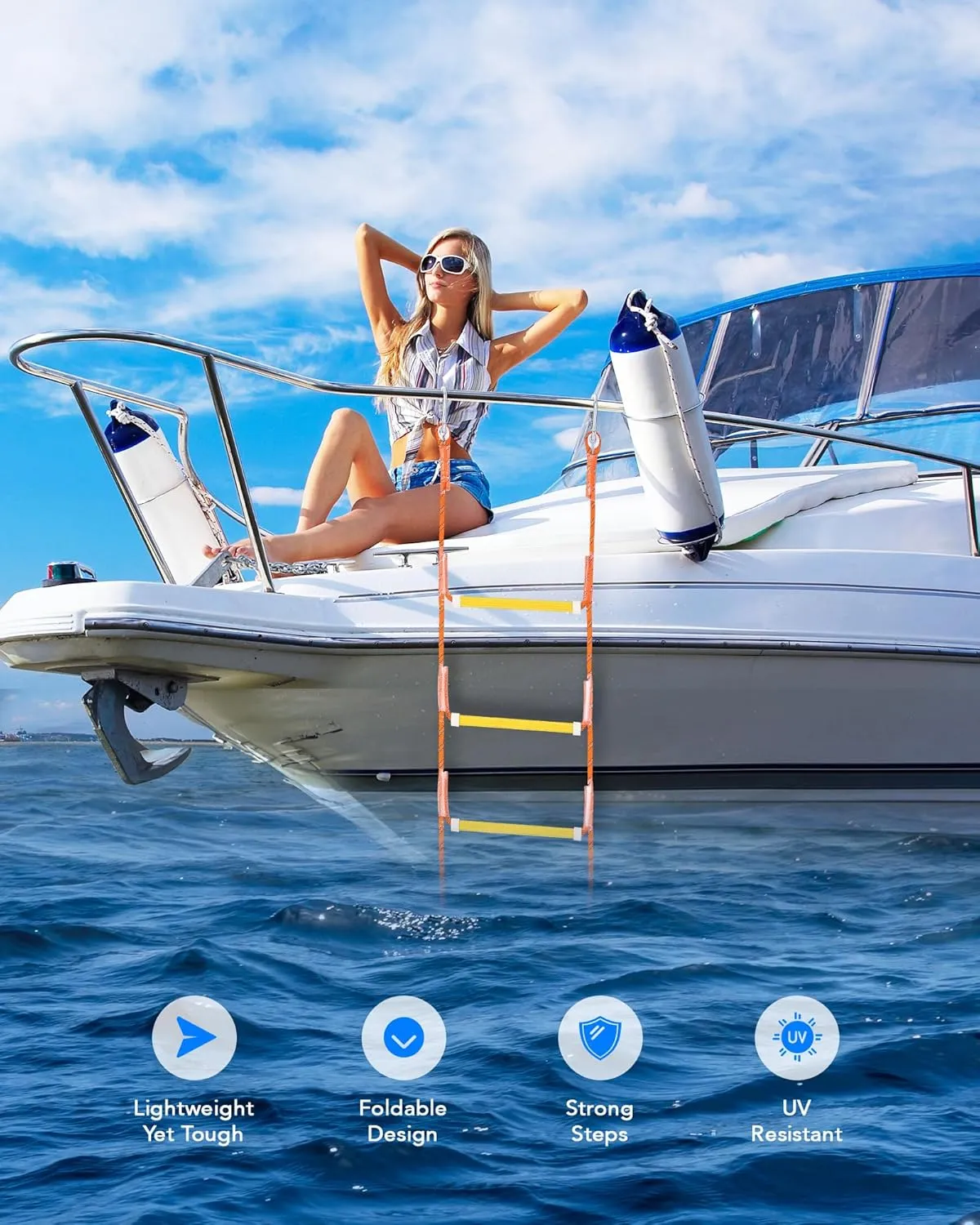 CO-Z Boat Rope Ladder 5 Step Portable Marine Dock Ladders, Assist Boat Accessories for Inflatable Boat, Fishing Boats, Kayak, Pontoon, Motorboat, Canoeing