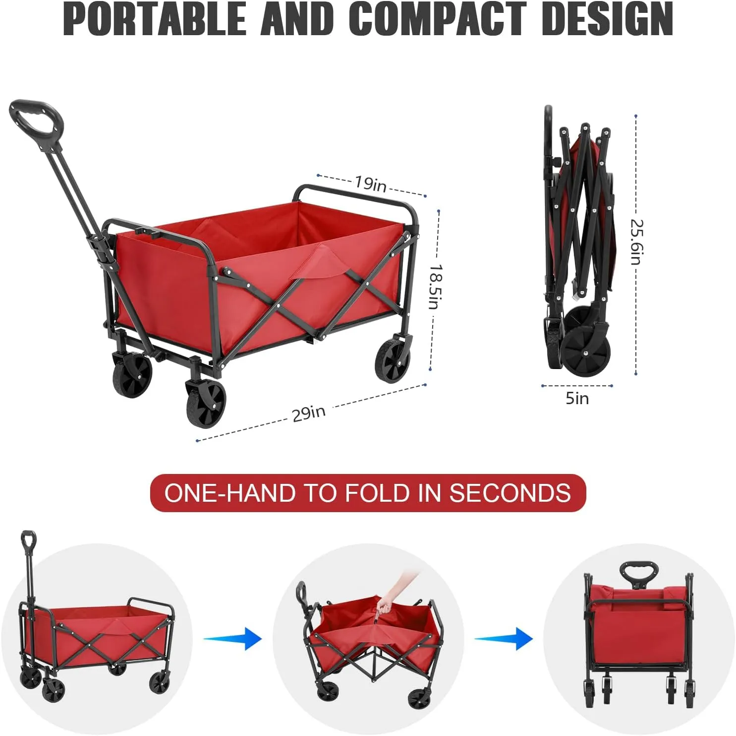 Collapsible Foldable Wagon,Wagons Carts Foldable with Wheels,Utility Grocery Folding Beach Wagon for Sand Garden Sports Shopping Outdoor(Rose Red).