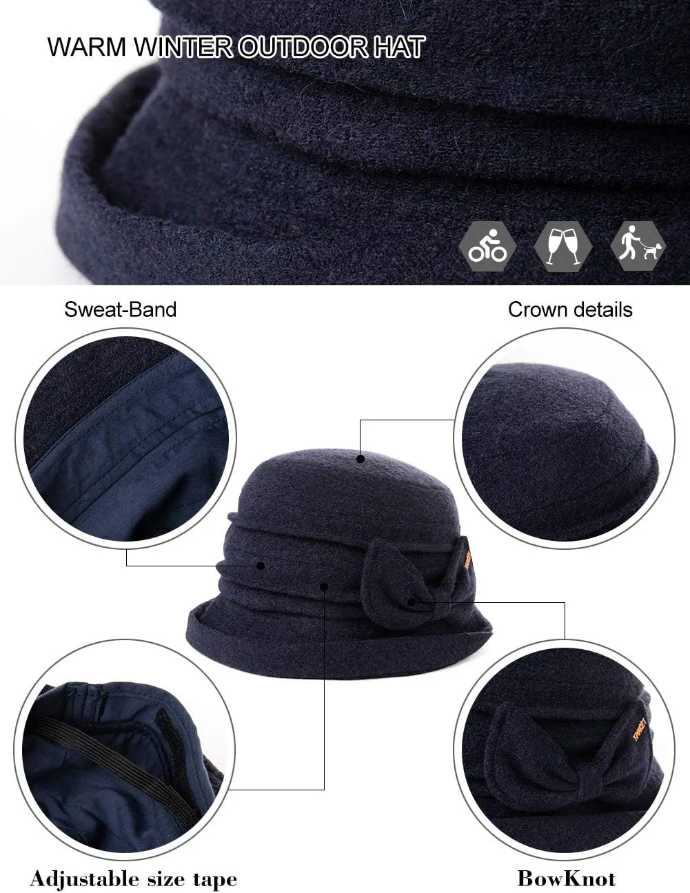 Comhats Winter Cloche Bucket Hat for Women Wool Elegant Dress 1920s Vintage Fedora