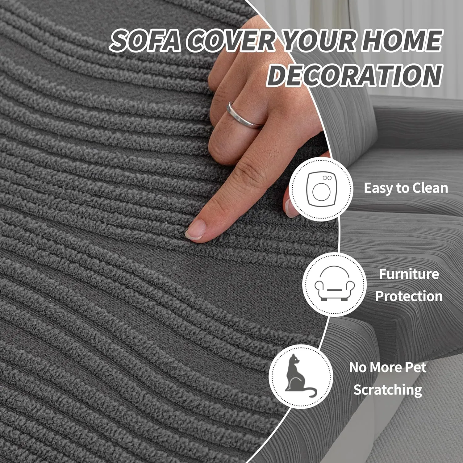 Couch Cushion Covers, Super Stretch Washable Sofa Slipcovers for L Shaped & Modular Seats, Pet-Friendly Furniture Protector with Stripe Design, (1PC Back Cover, Dark Gray)