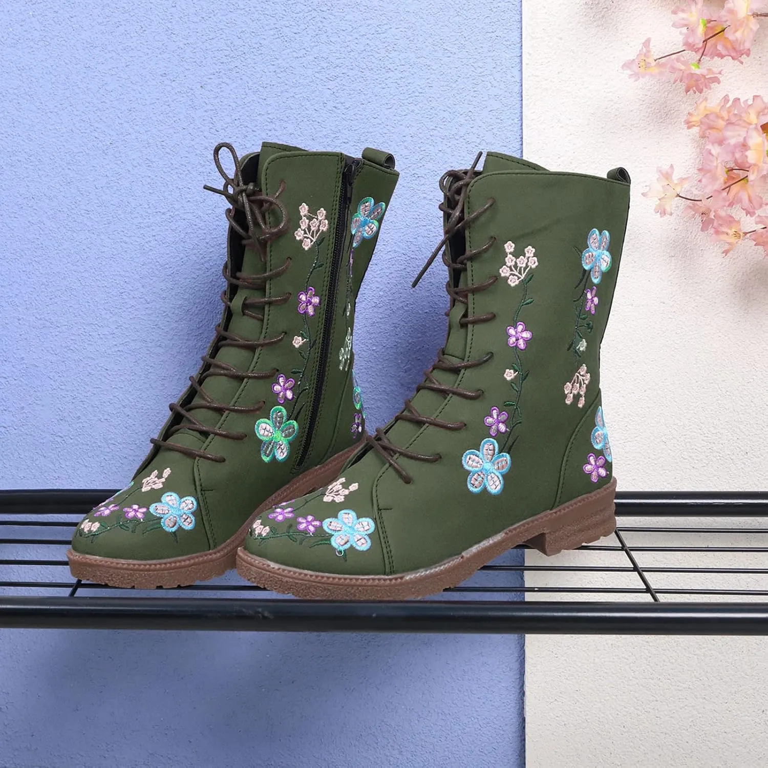 Crzidha Combat Boots for Women Vintage,Classic Side Zipper Lace Up Low Heel Riding Ankle Boots Chic Stylish Floral Embroidered Suede Boots Casual Winter Fall Walking Travel Flat Shoes