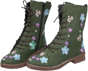 Crzidha Combat Boots for Women Vintage,Classic Side Zipper Lace Up Low Heel Riding Ankle Boots Chic Stylish Floral Embroidered Suede Boots Casual Winter Fall Walking Travel Flat Shoes