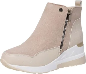 Crzidha Womens Wedge Shoes,Vintage Suede Stitching Leather Wedge Sneakers Comfortable Arch Support Soft Memory Foam Midsole Wedges Side Zipper Easy On Wedge Ankle Boots