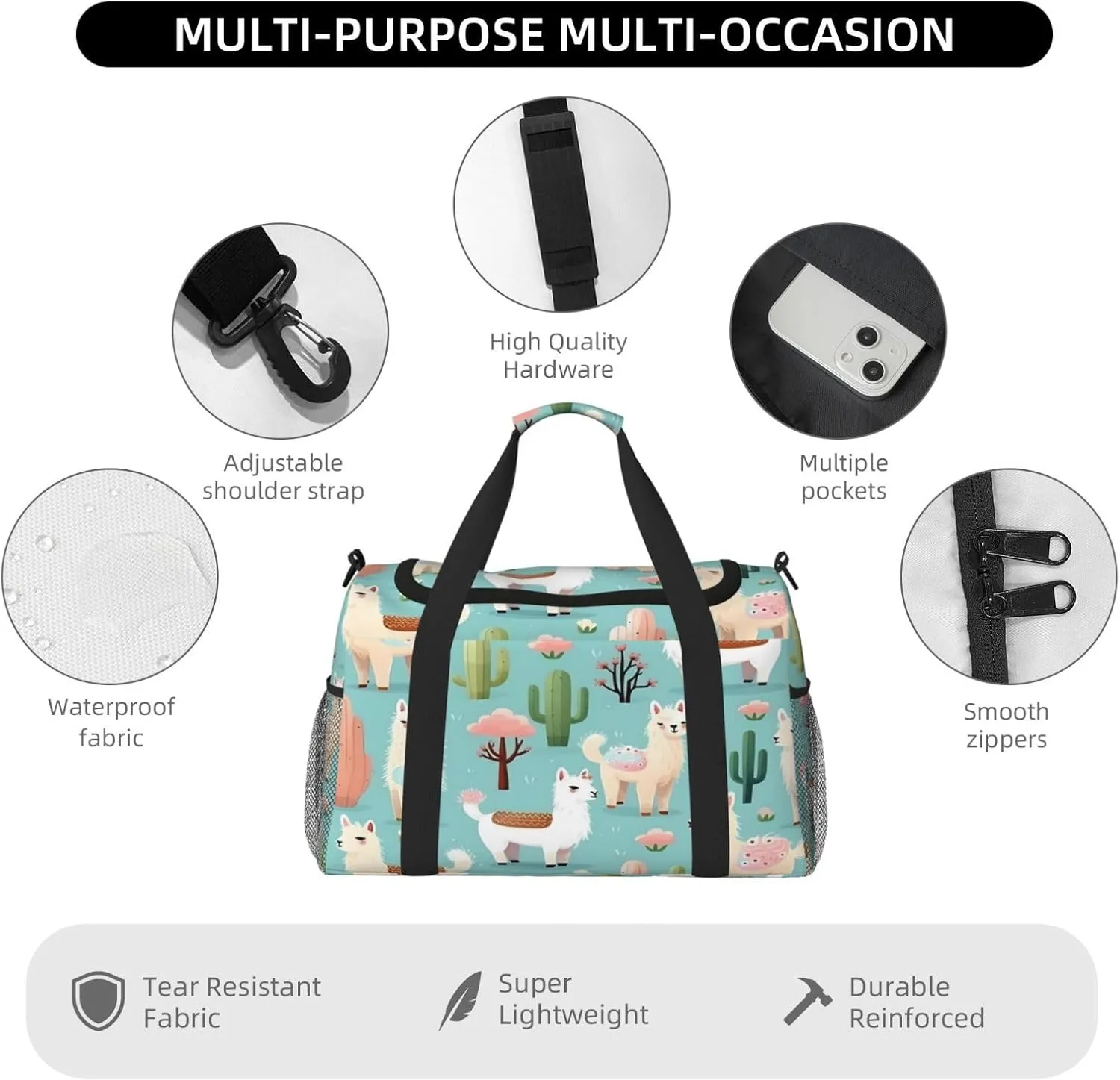 Cute Alpaca Llama Animal Cactus Travel Duffel Bag with Strap Multi Pockets Sports Bag Handbag Large Shoulder Bag for Gym Weekend Fitness Camping