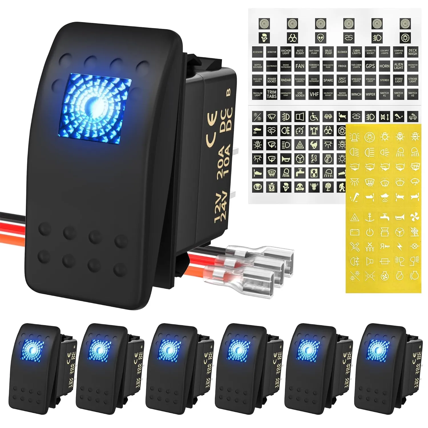 DaierTek Marine Boat Rocker Switch 12V, Lighted Blue LED Waterproof Rocker Switch 12 Volt for UTV RZR SPST 3 Pin ON/Off 20A Heavy Duty with Night Glow Sticker