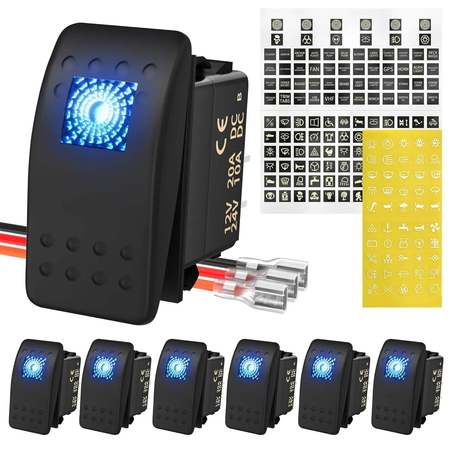 DaierTek Marine Boat Rocker Switch 12V, Lighted Blue LED Waterproof Rocker Switch 12 Volt for UTV RZR SPST 3 Pin ON/Off 20A Heavy Duty with Night Glow Sticker