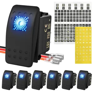 DaierTek Marine Boat Rocker Switch 12V, Lighted Blue LED Waterproof Rocker Switch 12 Volt for UTV RZR SPST 3 Pin ON/Off 20A Heavy Duty with Night Glow Sticker