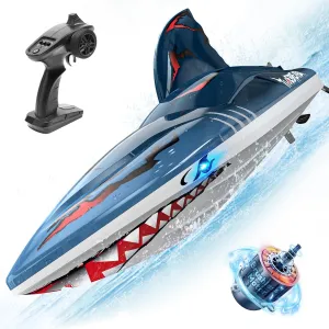 DEERC Fast Brushless RC Boat for Adults, 30 MPH 3S High Speed Remote Control Boat, Self-righting 2.4Ghz Speed Shark with LED Lights, Summer Toy Gift for Kids