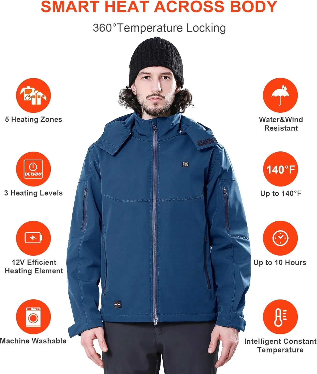 DEWBU Soft Shell Heated Jacket for Men with 12V Battery Pack and Detachable Hood Outdoor Electric Heating Coat