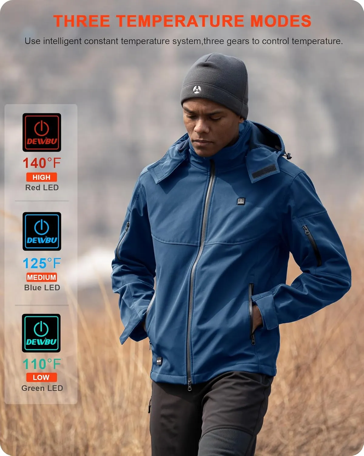 DEWBU Soft Shell Heated Jacket for Men with 12V Battery Pack and Detachable Hood Outdoor Electric Heating Coat