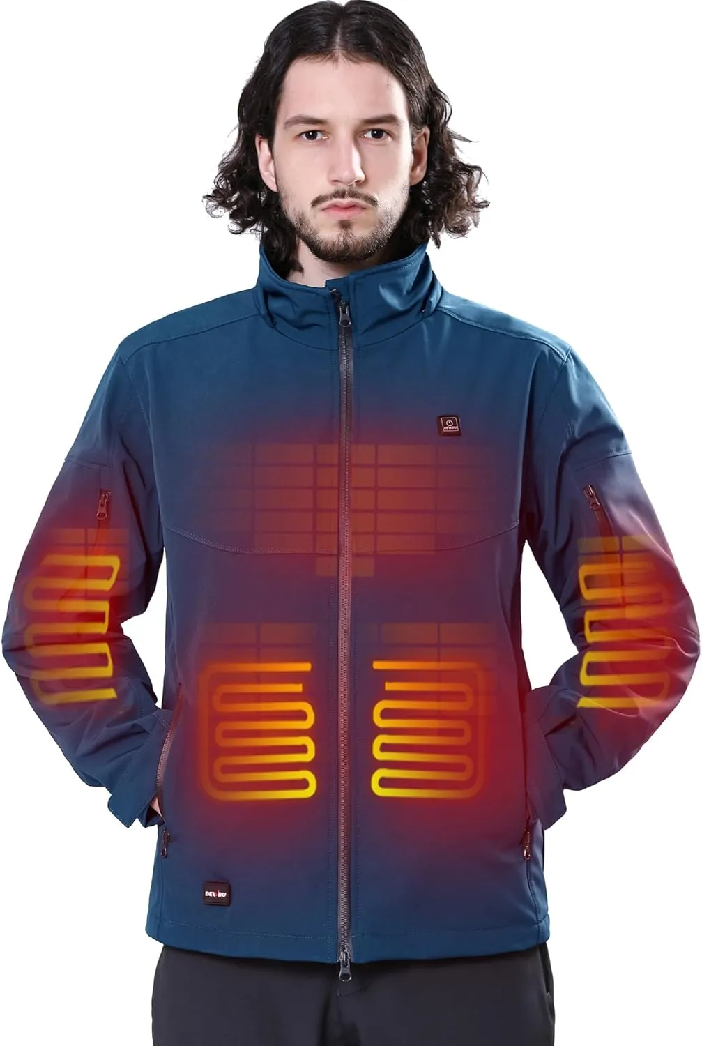 DEWBU Soft Shell Heated Jacket for Men with 12V Battery Pack and Detachable Hood Outdoor Electric Heating Coat