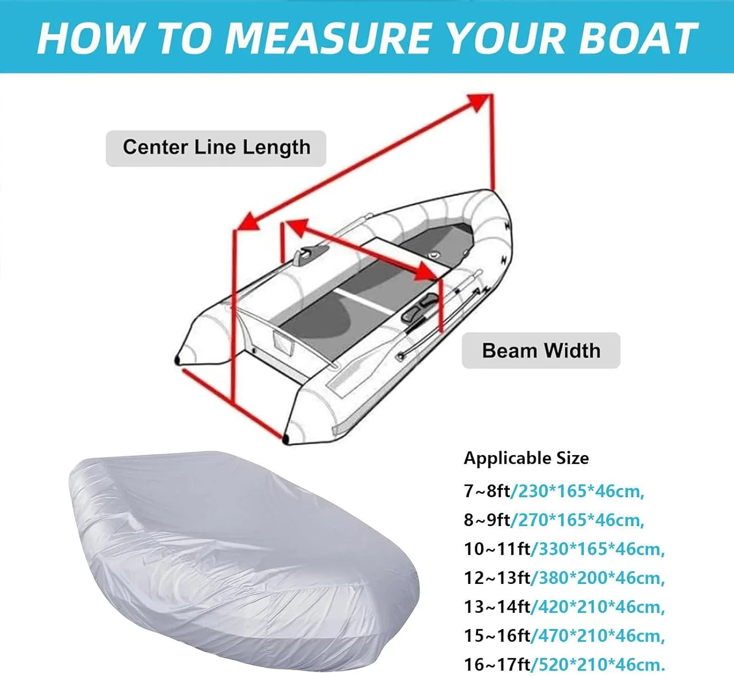 Dinghy Cover 7 Sizes Boat Tarp Waterproof Anti-UV Dinghy Covers for Small Inflatable and Rigid Inflatable Boats,270 * 165 * 46cm