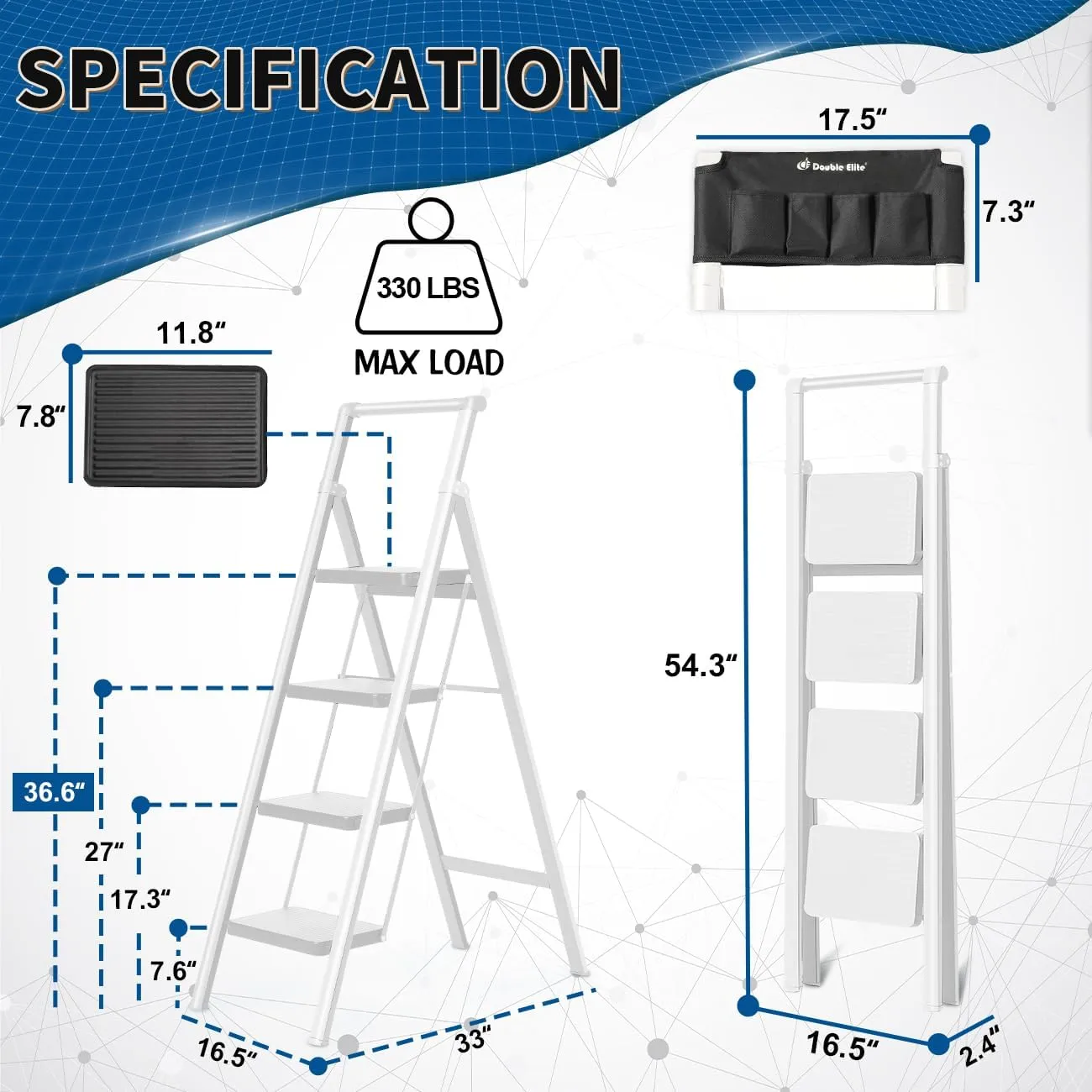 Double Elite Step Ladder 4 Step Folding with Handgrip, Convenient Step Ladder with Tool Bag Safer 330 Lbs Load 4 Step Ladder Folding Step Stool, Small Sturdy Ladder for Adults with Wide Pedals, White