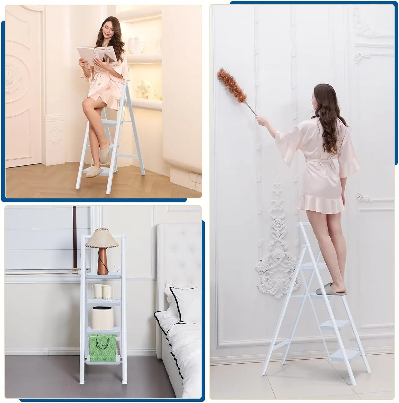 Double Elite Step Ladder 4 Step Folding with Handgrip, Convenient Step Ladder with Tool Bag Safer 330 Lbs Load 4 Step Ladder Folding Step Stool, Small Sturdy Ladder for Adults with Wide Pedals, White