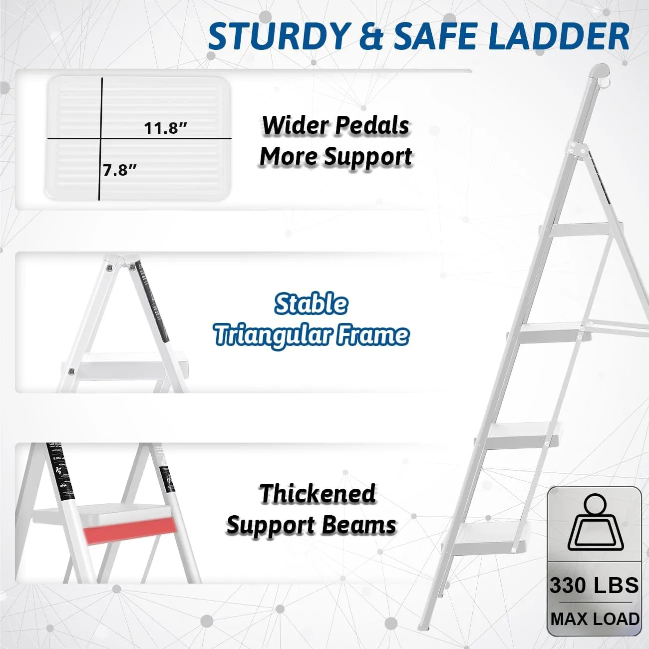 Double Elite Step Ladder 4 Step Folding with Handgrip, Convenient Step Ladder with Tool Bag Safer 330 Lbs Load 4 Step Ladder Folding Step Stool, Small Sturdy Ladder for Adults with Wide Pedals, White