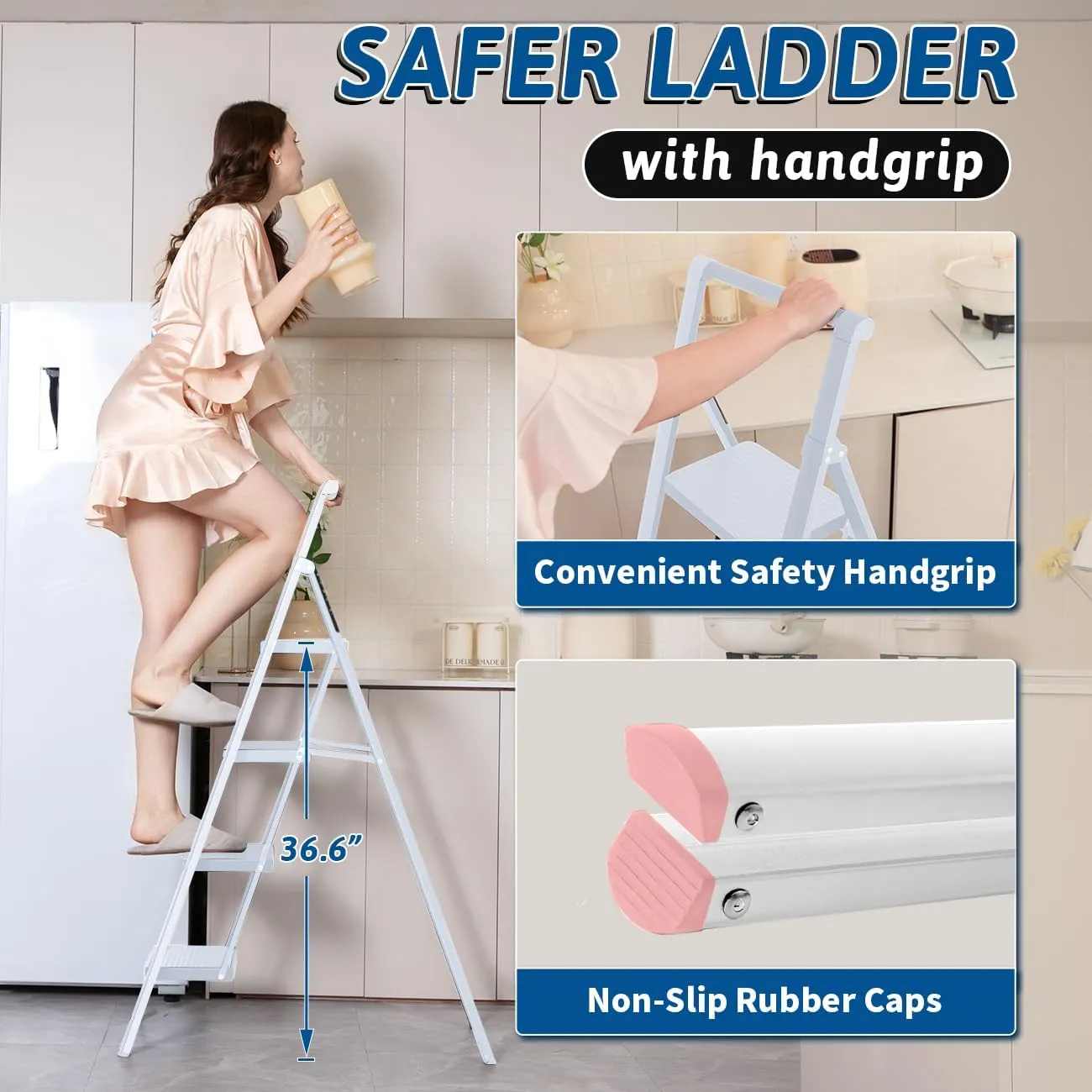Double Elite Step Ladder 4 Step Folding with Handgrip, Convenient Step Ladder with Tool Bag Safer 330 Lbs Load 4 Step Ladder Folding Step Stool, Small Sturdy Ladder for Adults with Wide Pedals, White