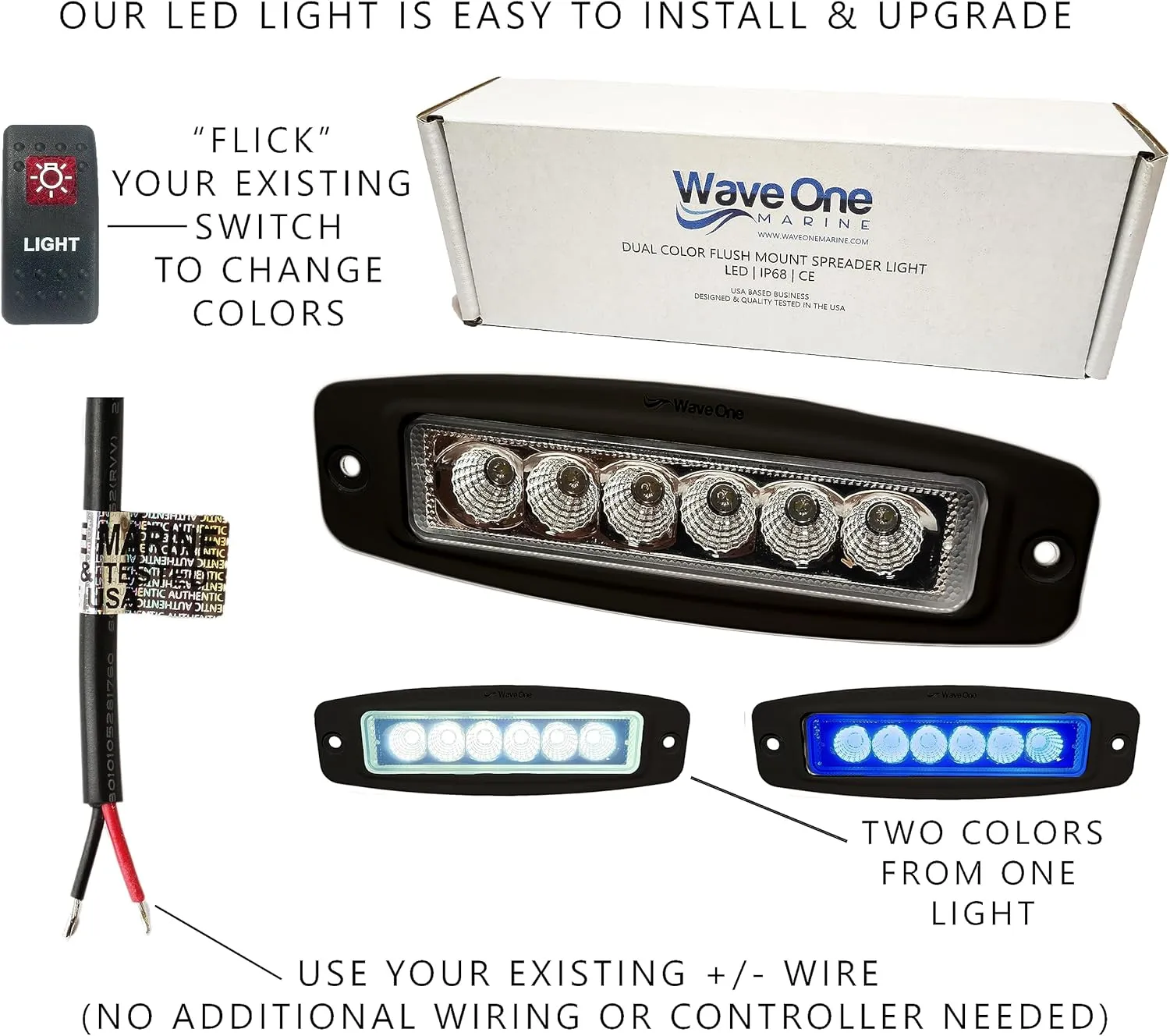 Dual Color LED FLUSH Mount Spreader Light | Boat Deck Flood Beam | Stainless Hardware | IP68 Waterproof | High Lumen | 12-24 Volt DC Input (BLACK)