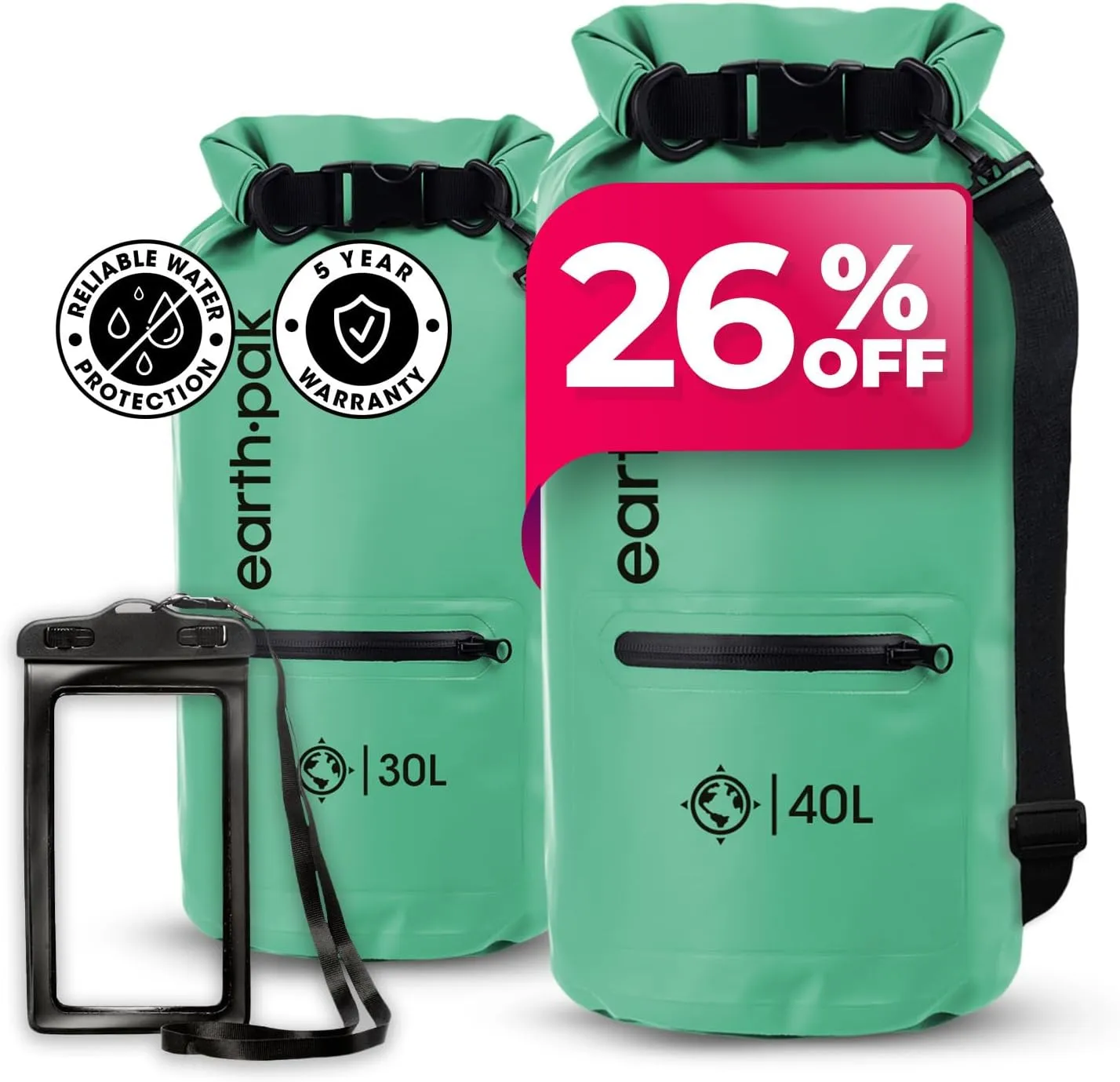 Earth Pak Waterproof Dry Bag with Zippered Pocket - Waterproof Dry Bag Backpack Keeps Gear Dry for Boating, Camping, Fishing, Beach Drybag, Kayak Accessories - Dry Bags Waterproof with Phone Case
