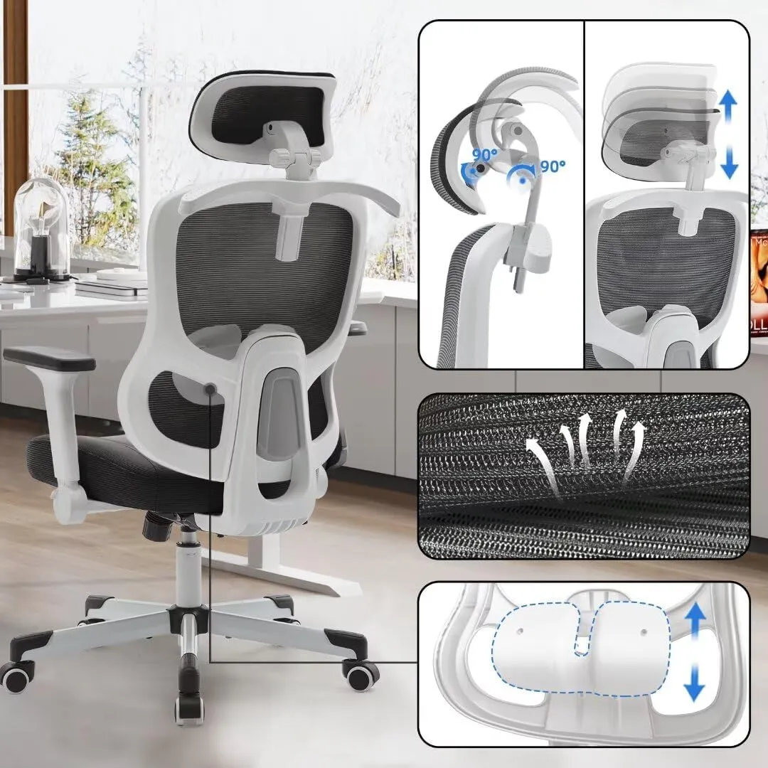 Ergonomic Office Chair Big Tall Reclining Gaming Chair Adjustable Lumbar Support 6D Armrest 6D Headrest Breathable Mesh Swivel Computer Chairs Home Task Desk Chair Coat Hanger Tilt Lock Black White
