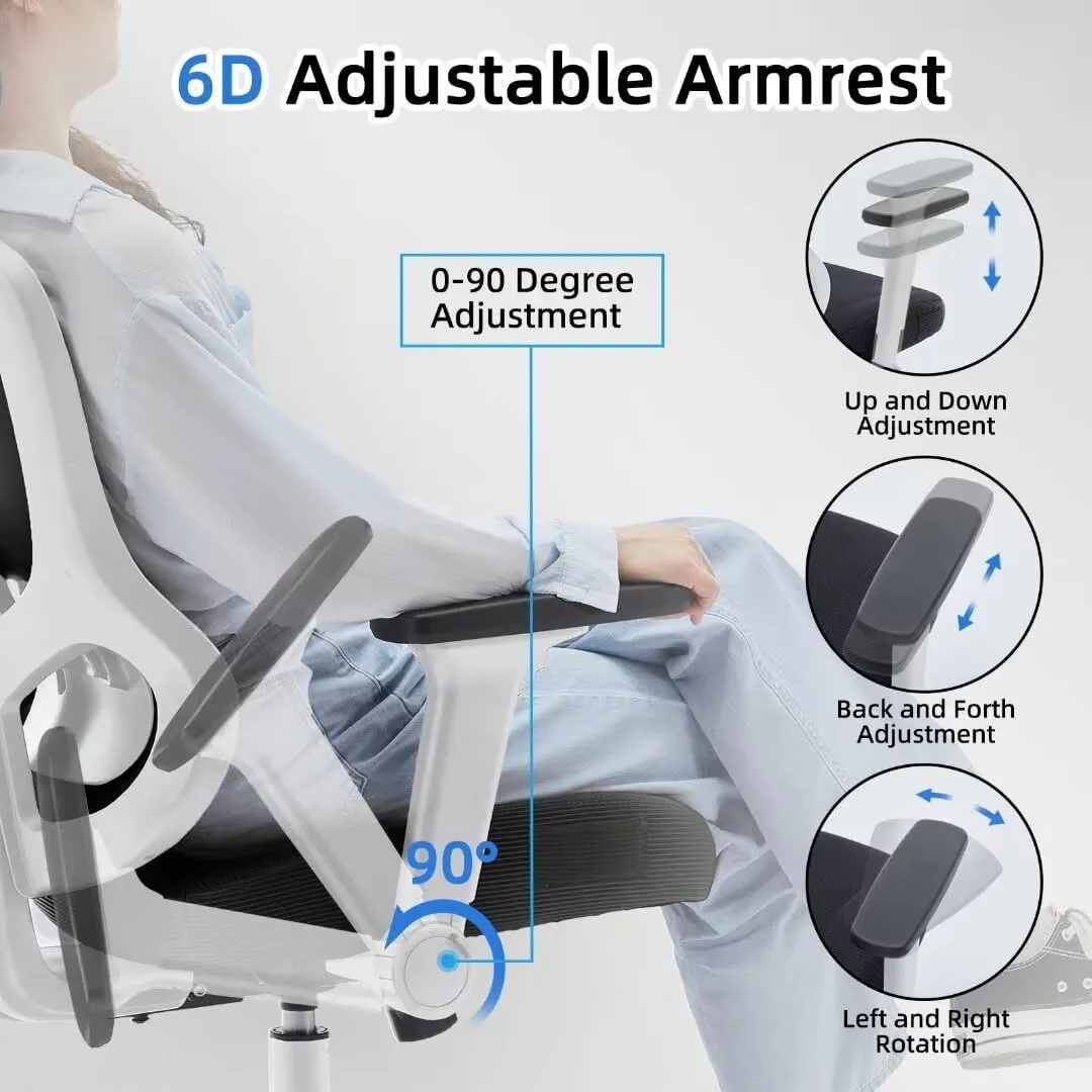 Ergonomic Office Chair Big Tall Reclining Gaming Chair Adjustable Lumbar Support 6D Armrest 6D Headrest Breathable Mesh Swivel Computer Chairs Home Task Desk Chair Coat Hanger Tilt Lock Black White