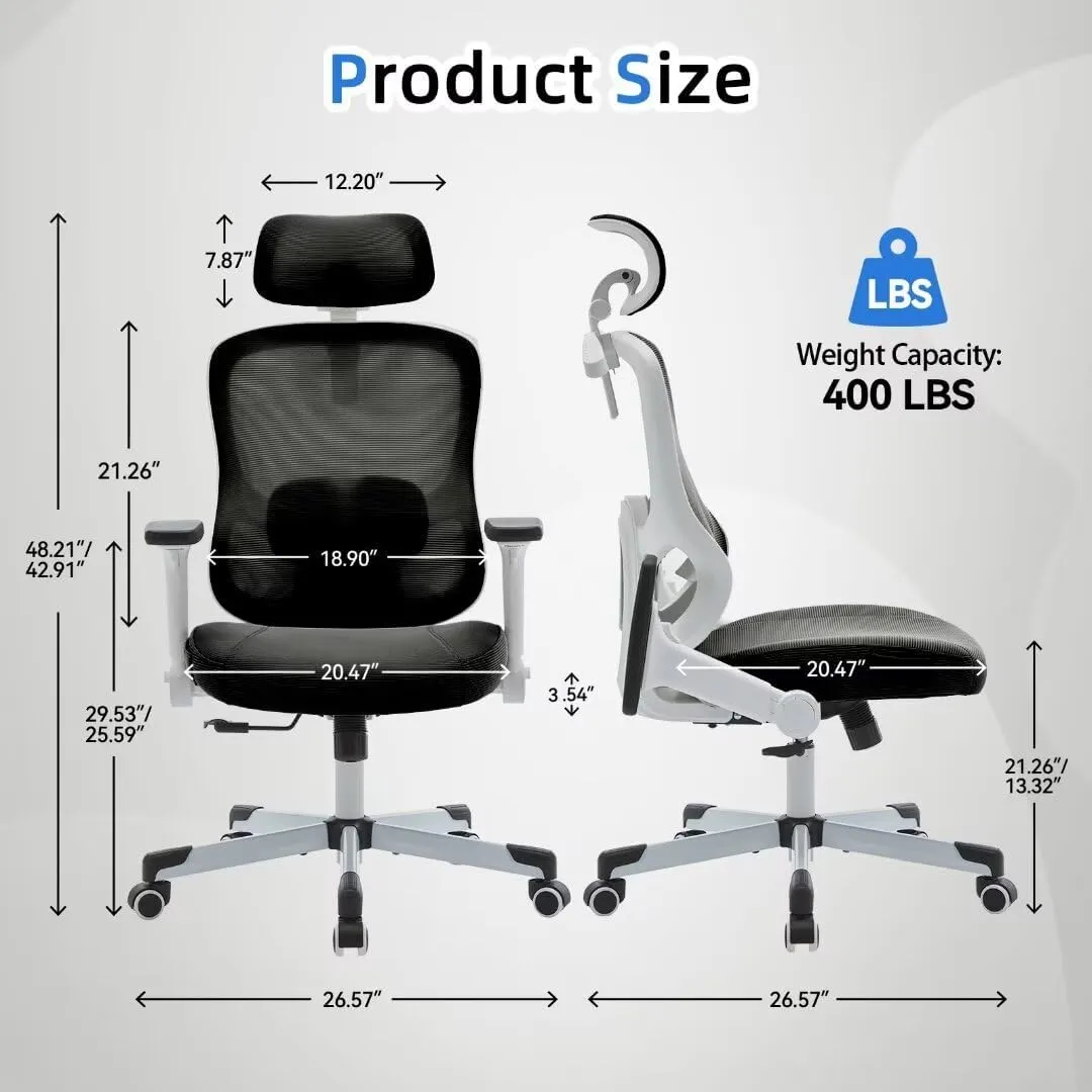 Ergonomic Office Chair Big Tall Reclining Gaming Chair Adjustable Lumbar Support 6D Armrest 6D Headrest Breathable Mesh Swivel Computer Chairs Home Task Desk Chair Coat Hanger Tilt Lock Black White