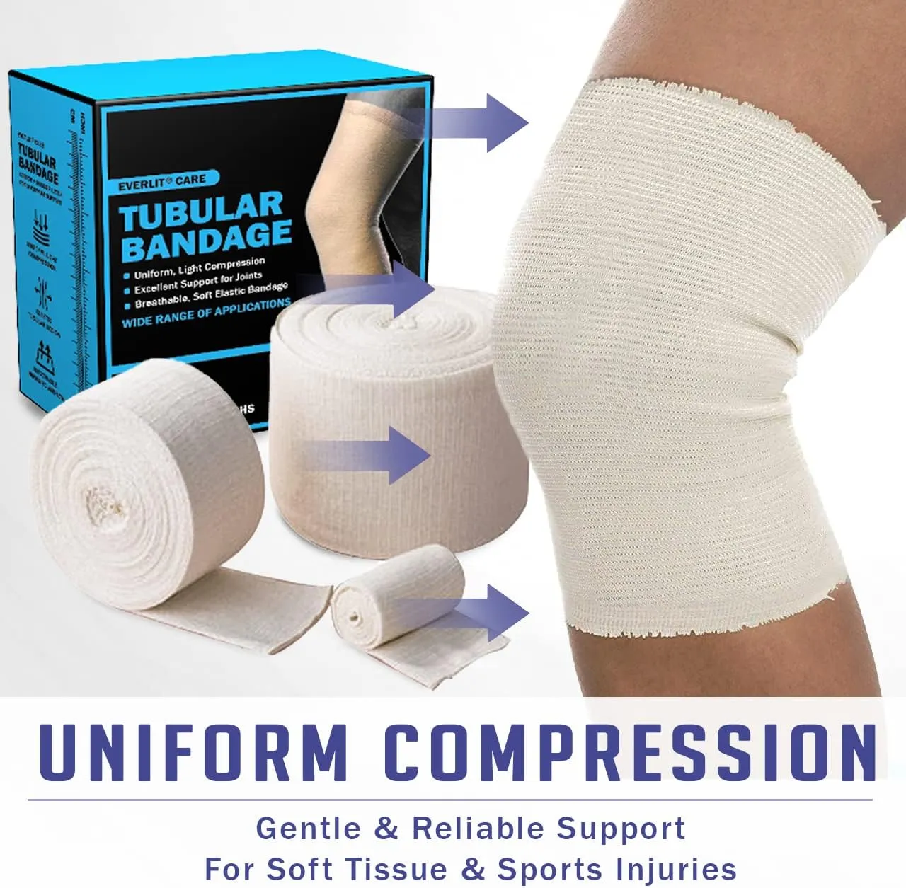EVERLIT Elasticated Tubular Support Bandage | Stockinette Tubing for Large Arm, Knees, Legs | Light to Moderate Compression Bandage Roll for Tissue Support (Size F | 4" x 11 yd)